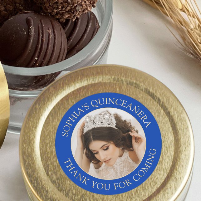 Quinceañera Simple Photo Royal Blue Gold Thank You Classic Round Sticker (Creator Uploaded)