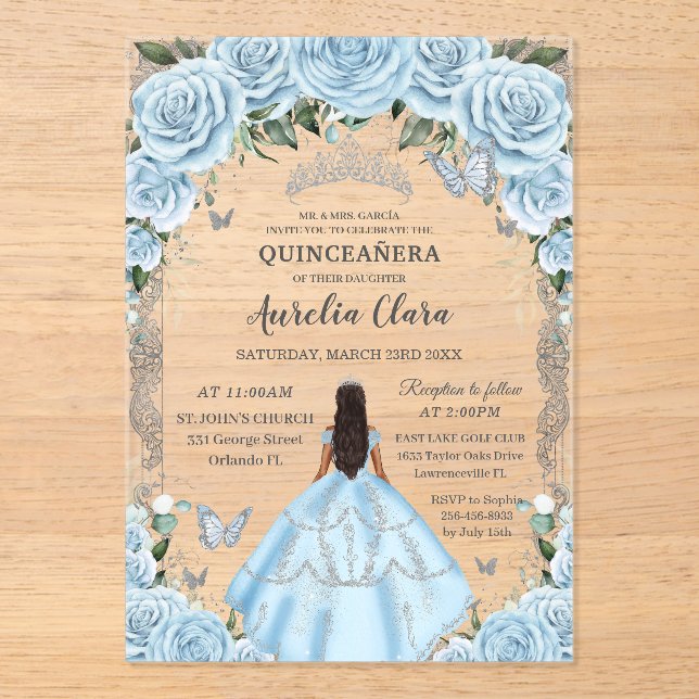 Quinceañera Sky Blue Floral Dress Tan Princess  Acrylic Invitations (Front)