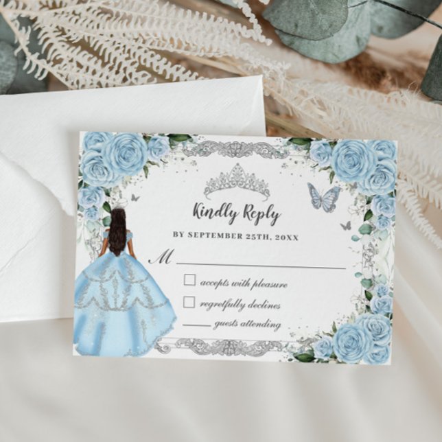 Quinceañera Sky Blue Floral Flowers Dress Princess RSVP Card (Creator Uploaded)
