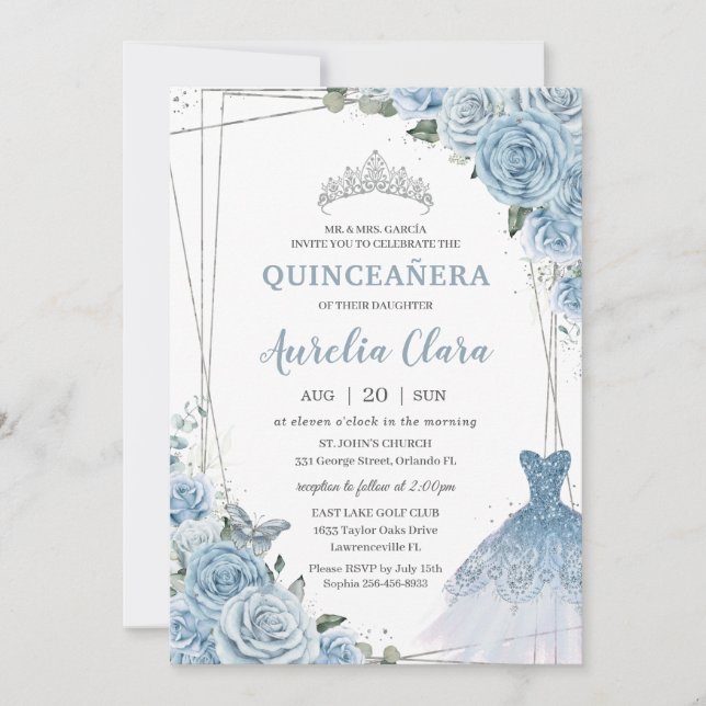 Quinceañera Soft Baby Blue Floral Roses Dress Gown Invitation (Front)