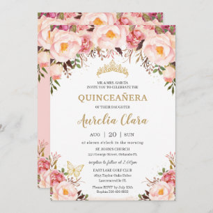Quinceañera Soft Blush Floral Gold Tiara Butterfly Invitation