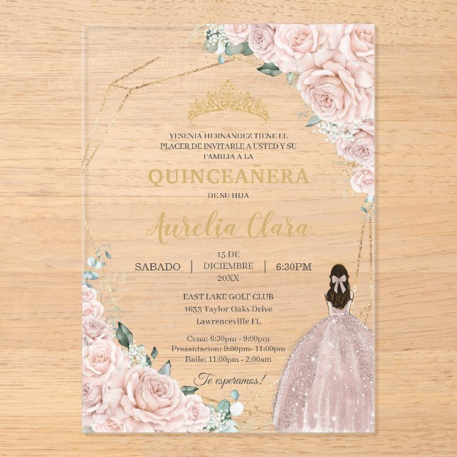 Quinceañera Soft Blush Pink Roses Floral 15 Años Acrylic Invitations (Front)