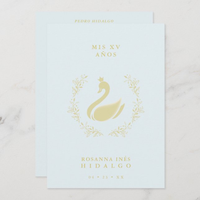 Quinceañera Spanish Blue & Gold Romantic Swan Invitation (Front/Back)