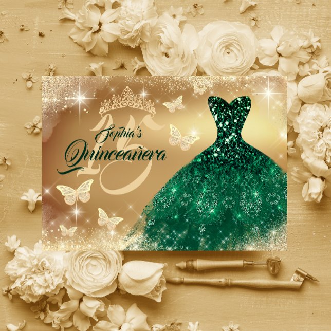 Quinceanera Sparkle Gold Emerald Dress  Invitation (Creator Uploaded)