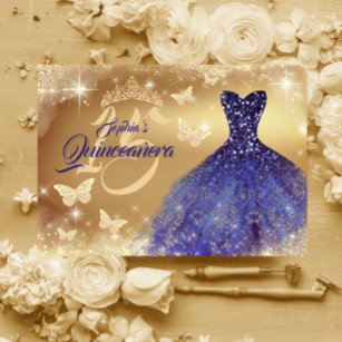Quinceanera Sparkle Gold Navy Dress  Invitation