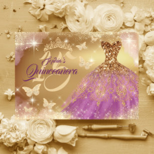 Quinceanera Sparkle Gold Purple Dress  Invitation