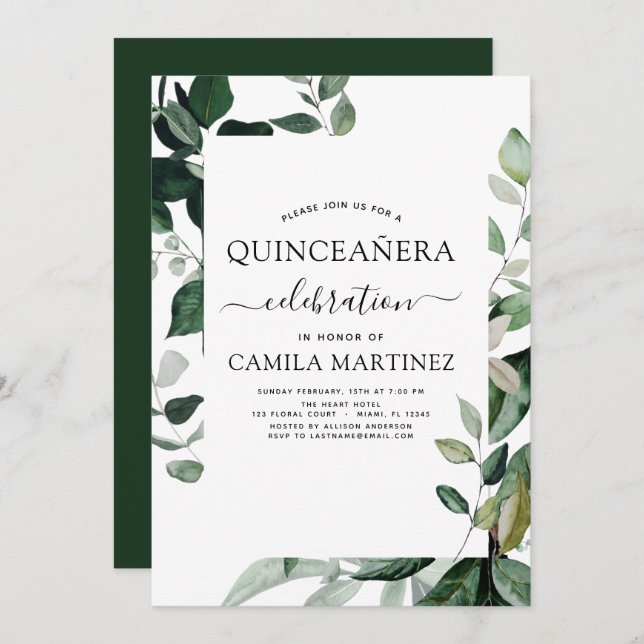Quinceanera Spring Botanical Greenery Invitation (Front/Back)