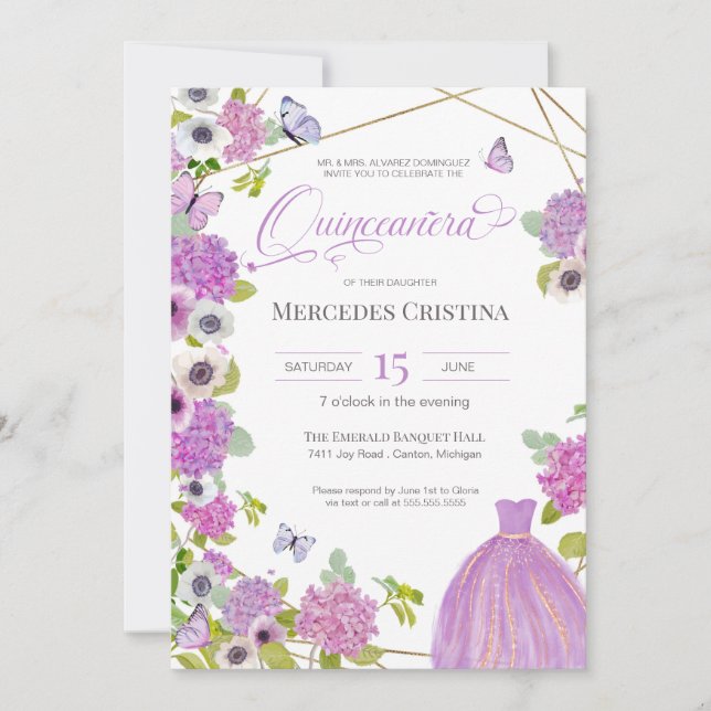 Quinceañera spring garden floral butterfly party invitation (Front)
