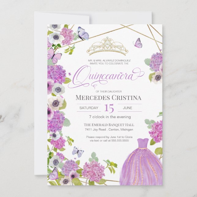 Quinceañera spring garden floral butterfly Tiara Invitation (Front)
