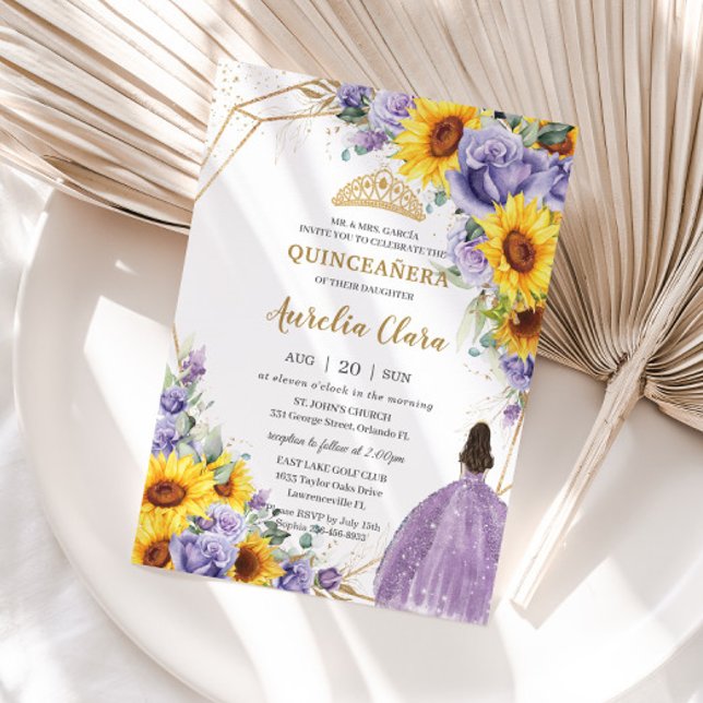 Quinceanera Sunflower Purple Lavender Floral Gold Invitation (Creator Uploaded)