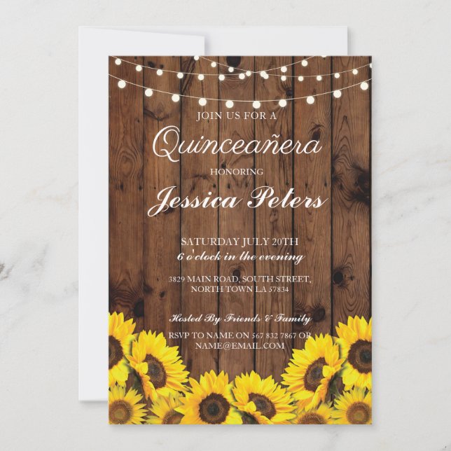 Quinceanera Sunflower Wood Lights Rustic Invite 15 (Front)