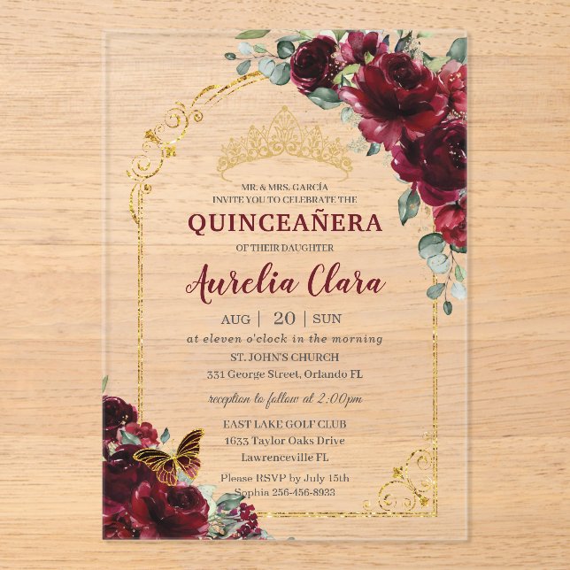Quinceanera Sweet 15 16 Burgundy Floral Gold Arch Acrylic Invitations (Front)