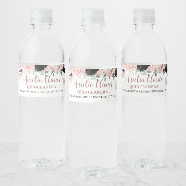 Quinceañera Sweet 16 Birthday Black Blush Floral Water Bottle Label (Bottles)
