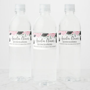 Quinceañera Sweet 16 Birthday Black Pink Floral Water Bottle Label