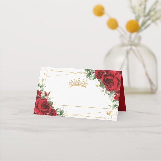 Quinceanera Sweet 16 Birthday Red Floral Princess Place Card (Front)