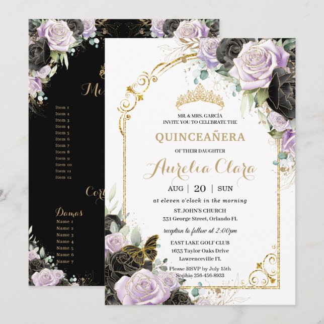 Quinceañera Sweet 16 Black Lilac Floral Padrinos Invitation (Front/Back)