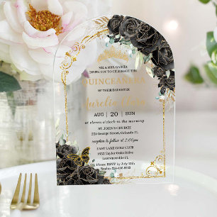 Quinceañera Sweet 16 Black Roses Floral Gold Arch Acrylic Invitations