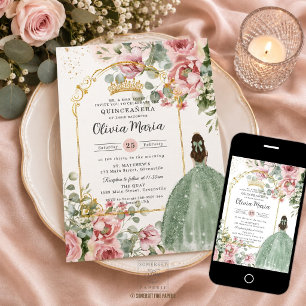 Quinceañera Sweet 16 Blush Pink Floral Sage Green Invitation