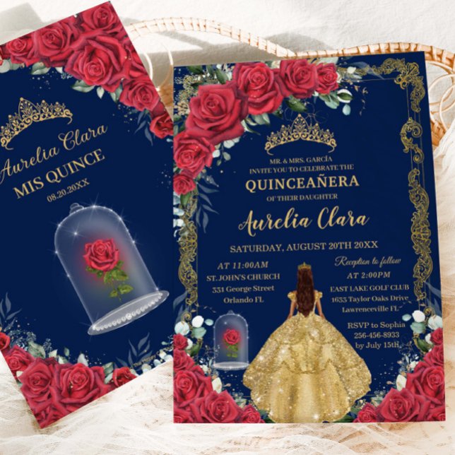 Quinceañera Sweet 16 Enchanted Red Rose Navy Blue Invitation (Creator Uploaded)