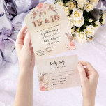 Quinceanera Sweet 16 pampas rose pink florals RSVP All In One Invitation<br><div class="desc">For both a Quinceanera and Sweet 16 celebrating together. A rustic rose gold and blush pink gradient backround decorated with blush pink florals and pampas grass. Personalise and add your name,  and the details. Black coloured letters.  Number 15 and 16  is written with a rose gold balloons style font.</div>