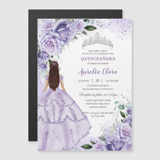 Quinceañera Sweet 16 Purple Lavender Floral Silver Magnetic Invitation (Front/Back)