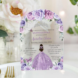 Quinceañera Sweet 16 Purple Lilac Floral Gown Arch Acrylic Invitations