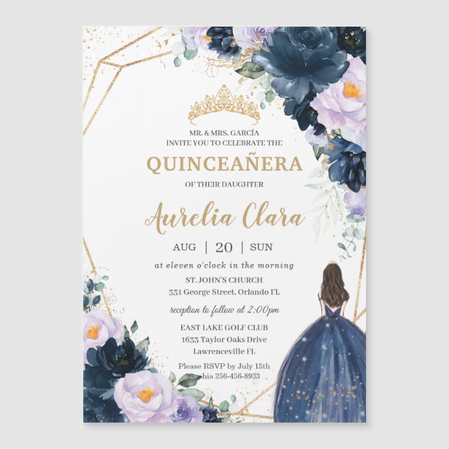 Quinceañera Sweet 16 Purple Lilac Navy Blue Floral Magnetic Invitation (Front)