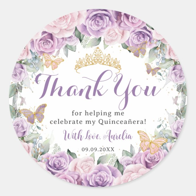 Quinceañera Sweet 16 Purple Lilac Pink Floral Gold Classic Round Sticker (Front)