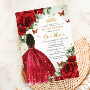 Quinceañera Sweet 16 Red Roses Flowers Brown Girl Invitation