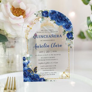 Quinceañera Sweet 16 Royal Blue Floral Arch Acrylic Invitations