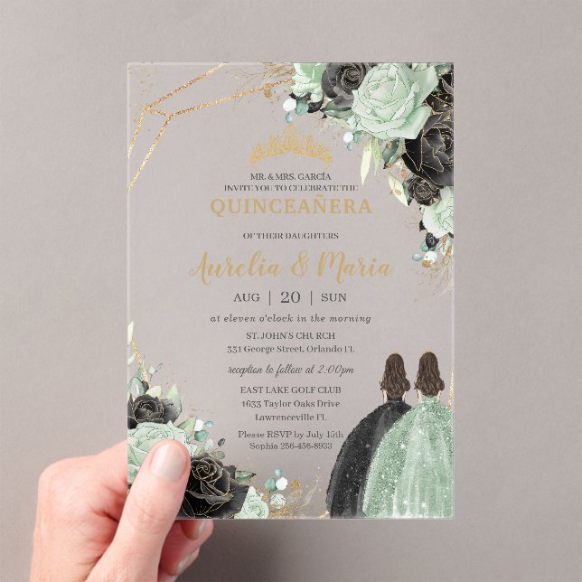 Quinceañera Sweet 16 Sage Green Black Floral Twins Acrylic Invitations (Insitu (Handheld))