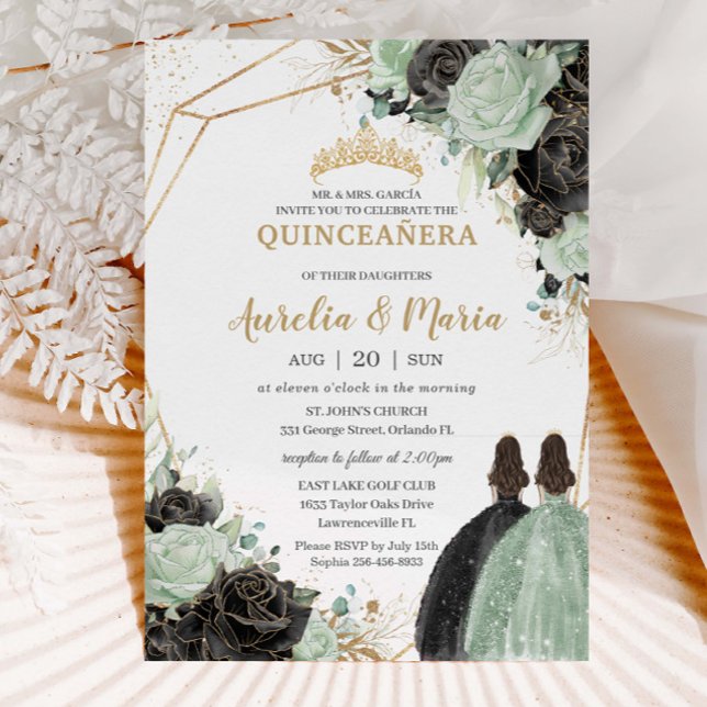 Quinceañera Sweet 16 Sage Green Black Floral Twins Invitation (Creator Uploaded)