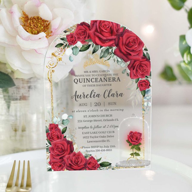 Quinceañera Sweet 16 XV Enchanted Red Roses Floral Acrylic Invitations (Creator Uploaded)