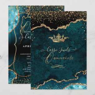 Quinceanera, Teal Blue Agate Faux Gold Confetti Invitation