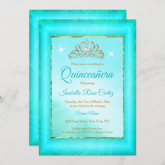 Quinceanera Teal blue Damask Gold Tiara photo Invitation (Front/Back)