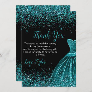 Quinceanera Teal Blue Dress Faux Glitter Thank You Card