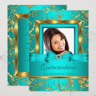 Quinceanera Teal Blue Gold Floral Photo Invitation