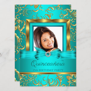 Quinceanera Teal Blue Gold Floral Photo Invitation