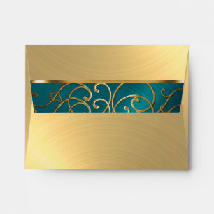 Quinceanera Teal Blue Green and Gold Filigree Envelopes