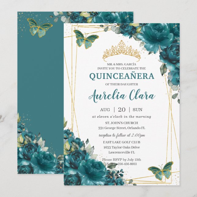Quinceañera Teal Blue Green Floral Butterflies  Invitation (Front/Back)