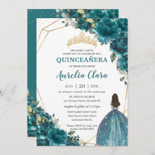 Quinceañera Teal Blue Green Floral Princess Crown Invitation