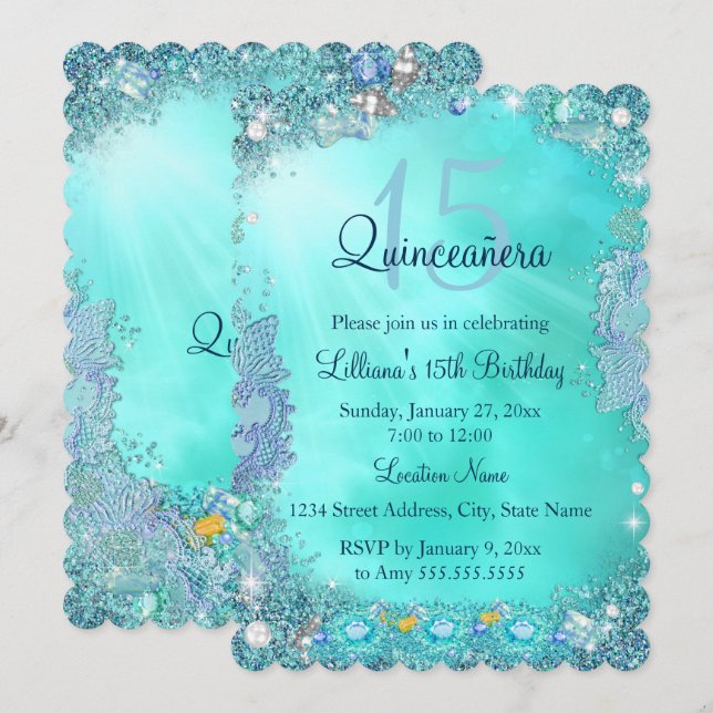 Quinceanera Teal Blue Ocean Jewel Birthday Party Invitation (Front/Back)