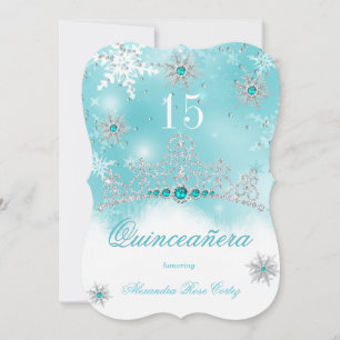 Quinceanera Teal Blue Pearl Snowflake 15 Birthday Invitation