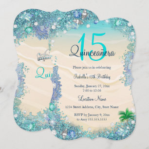 Quinceanera Teal Blue Sand Ocean Beach Birthday Invitation