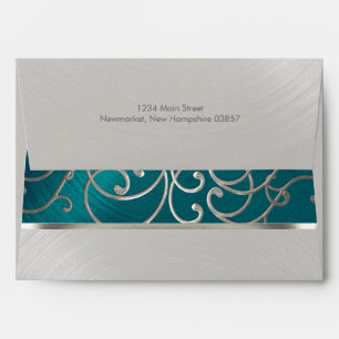 Quinceanera Teal Blue Silver Filigree Swirls Envelope