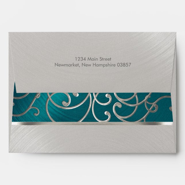 Quinceanera Teal Blue Silver Filigree Swirls Envelope (Back (Top Flap))