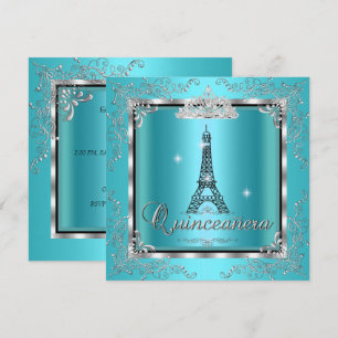 Quinceanera Teal Blue Silver Tiara Eiffel Tower 3 Invitation