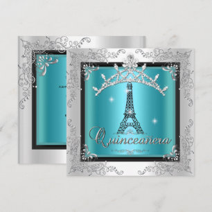 Quinceanera Teal Blue Silver Tiara Eiffel Tower Invitation