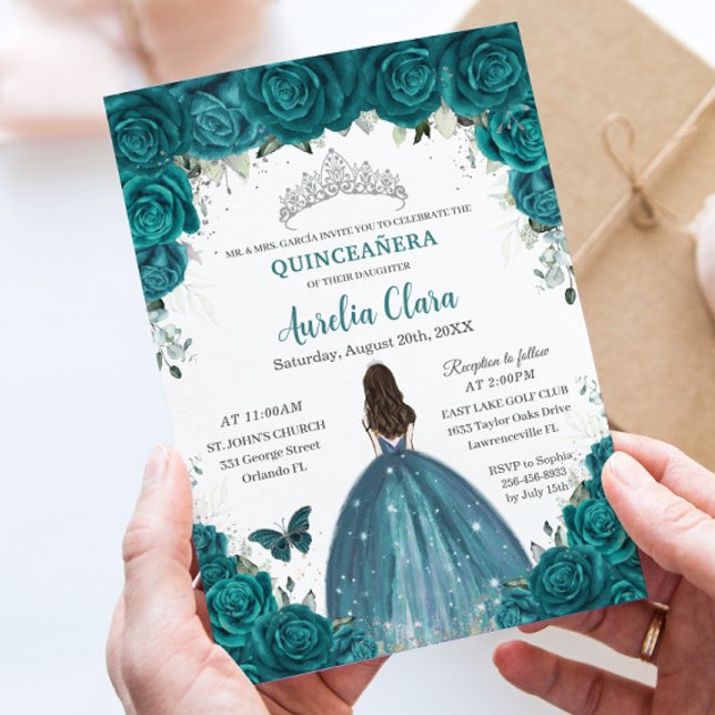 Quinceañera Teal Floral Butterflies Silver Tiara Invitation (Creator Uploaded)