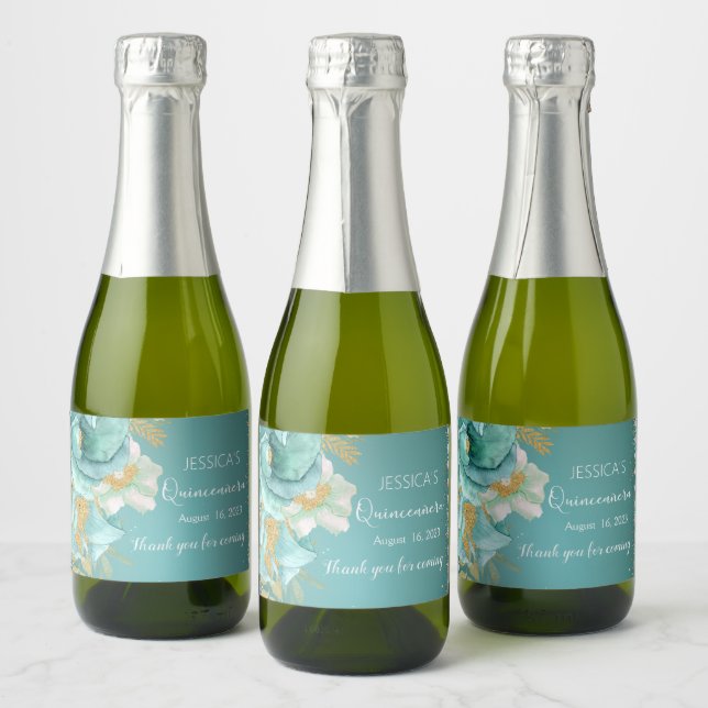 Quinceanera Teal Gold Floral Mini Sparkling Wine L Sparkling Wine Label (Bottles)